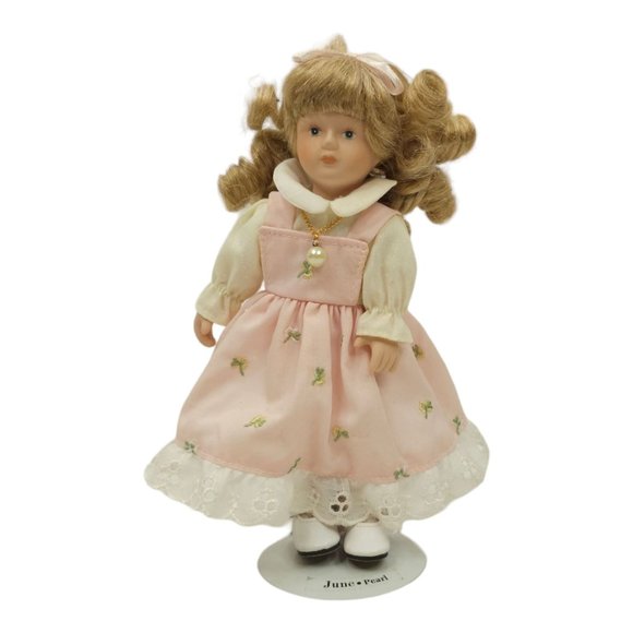 Vintage Russ Porcelain Doll Of The Month June Pearl Stand Handcrafted Pink Dress - Picture 1 of 12